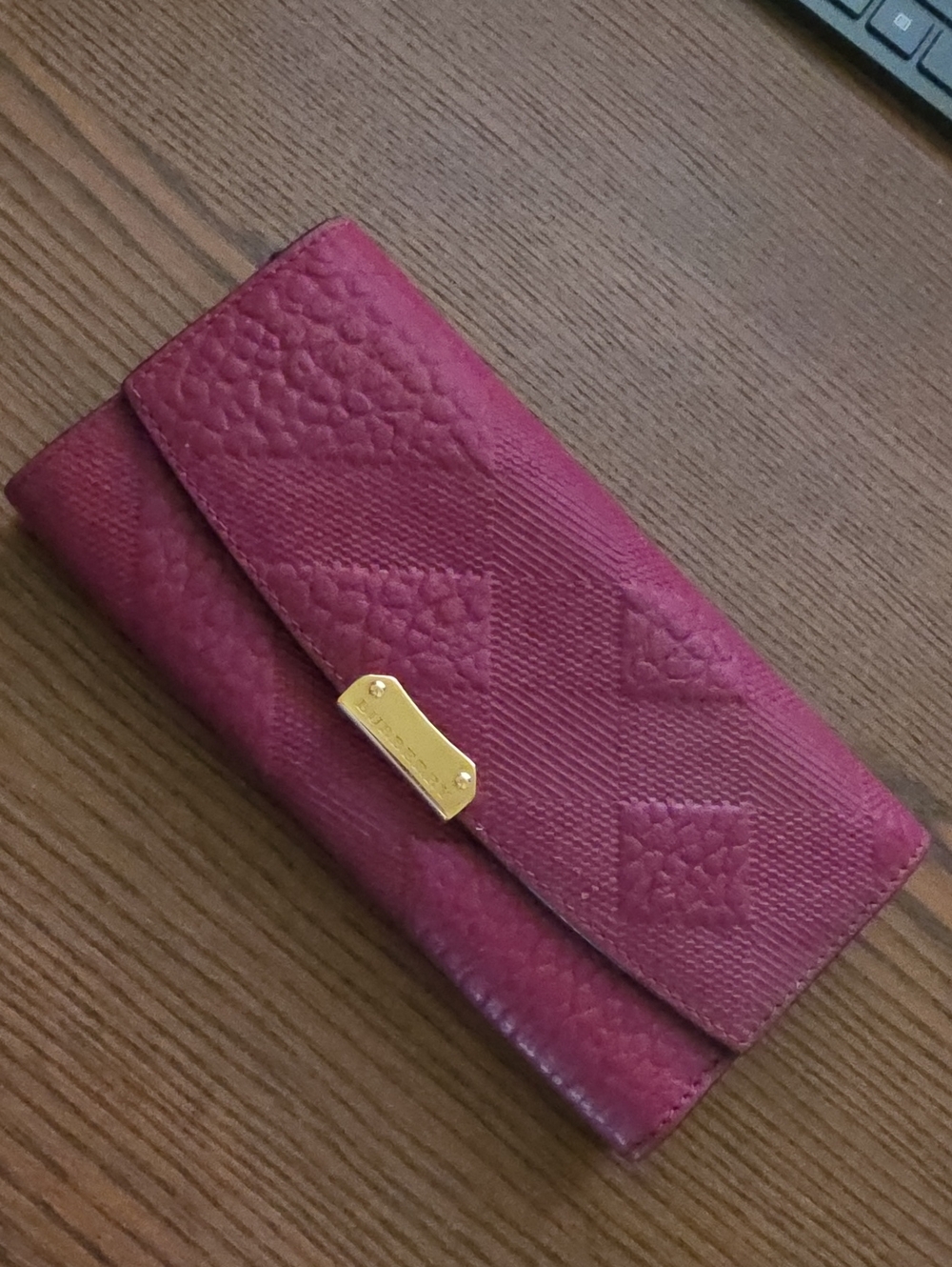 Burberry Burgundy Textured Flap Wallet with Gold Plaque